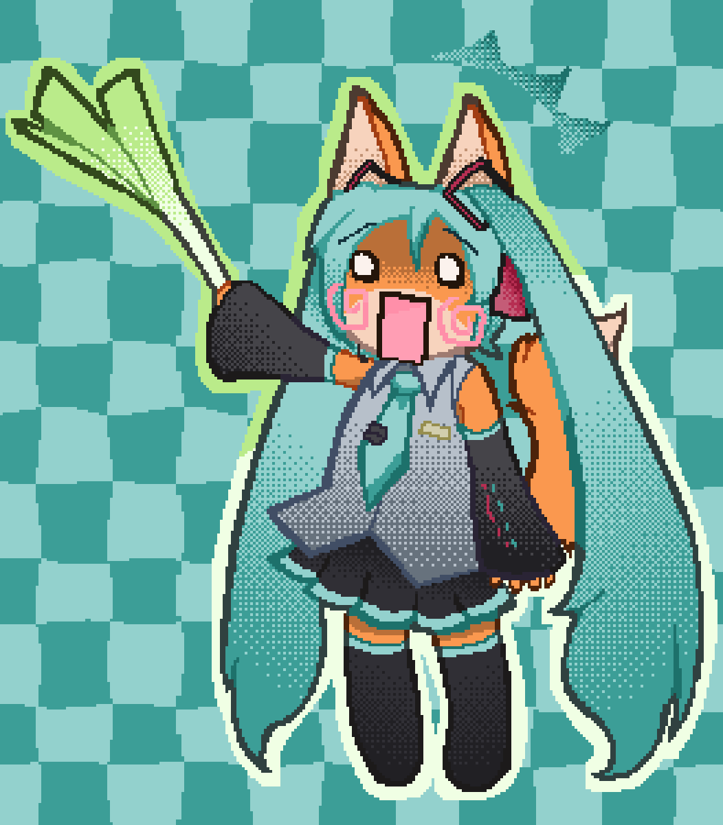 Pixel art of an orange fox in a teal costume, holding a leek