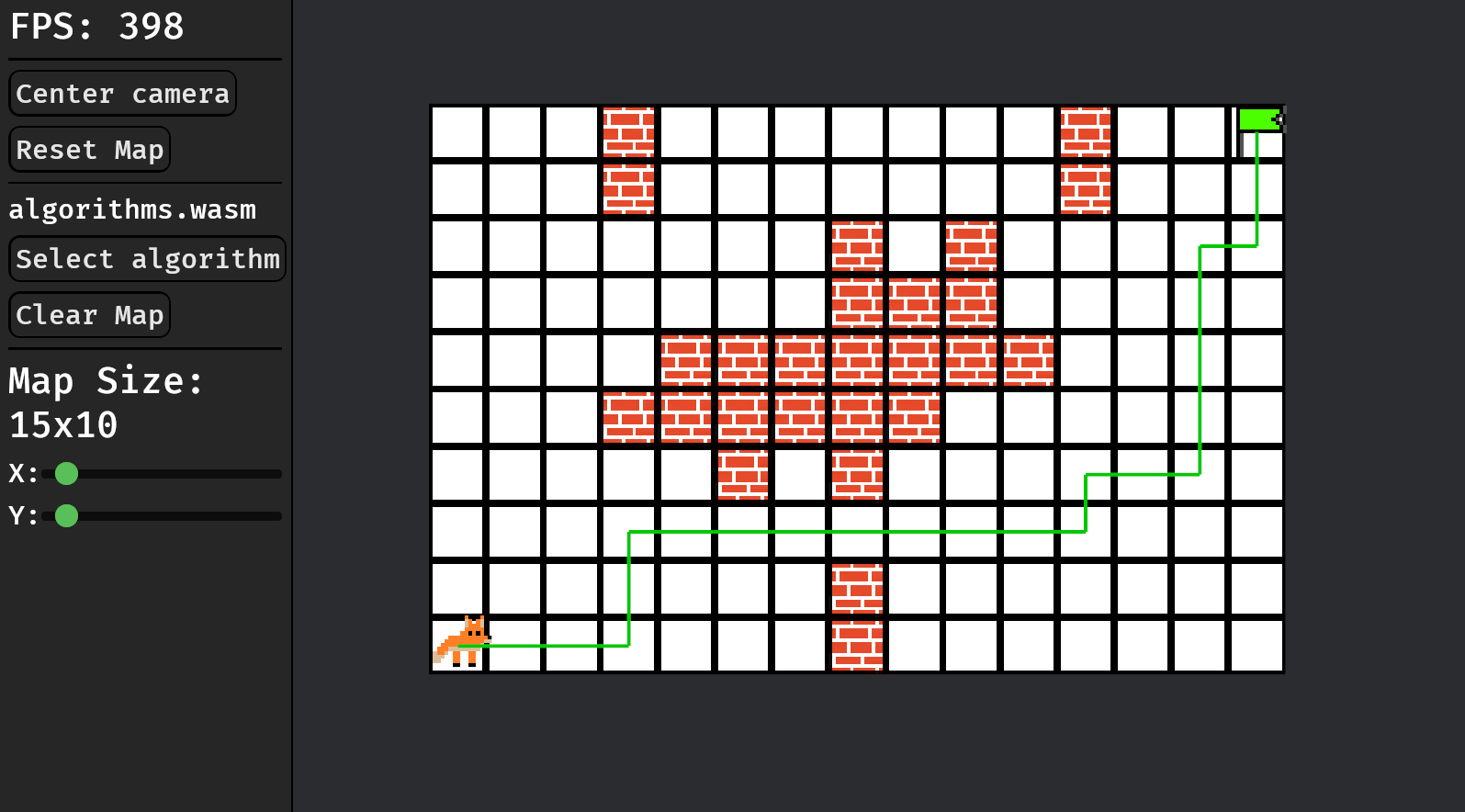 Pathfinding Playground showing a fox following a green route through a grid of brick obstacles to a flag